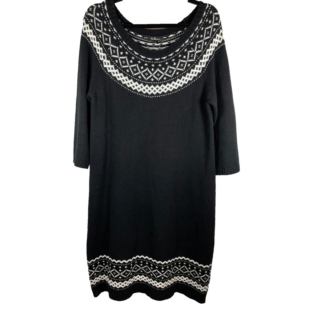 AGB Black Fair Isle Sweater Dress Womens Large Knit Nordic Winter 3/4 Sleeve